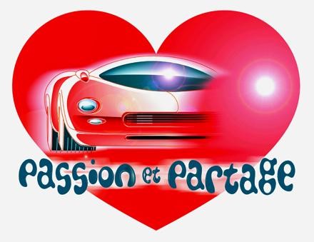Logo de l'association passion-partage. Un cœur rouge en fond avec une voiture rouge en son centre