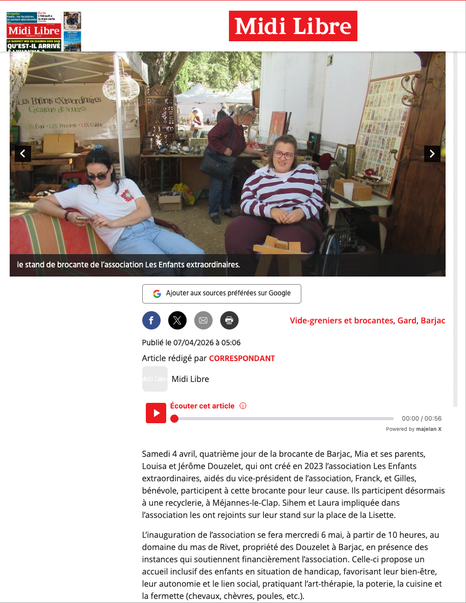 Capture d'écran d'un article de presse avec photo de 2 jeunes filles de l'association LEX devant leur stand à la foire de Barjac dans le GARD en 2026