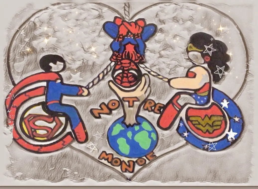 Dessin représentant des héros tel que superman et wonder woman en fauteuil roulant se faisant face avec spiderman la tête à l'envers au centre du dessin.