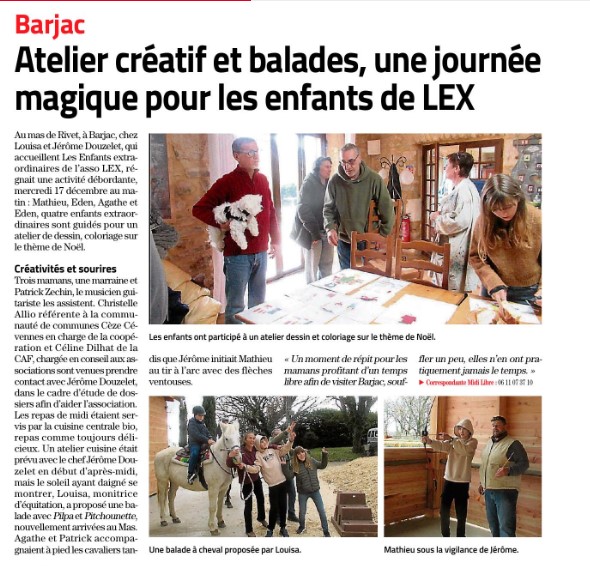 Article du Midi libre sur Atelier créatifs et balade à l'association les enfants extraordinaire à Barjac dans le Gard.