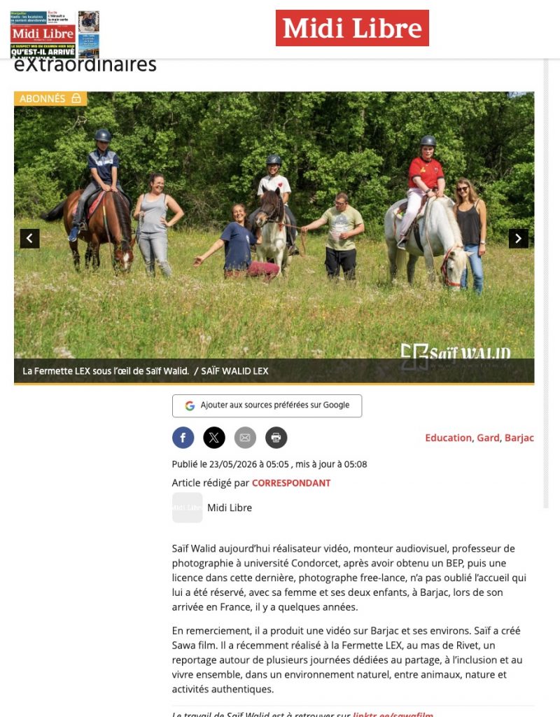Article du Midi Libre du 23 mai 2026, sur le reportage photo de Saïf Walid à l'association les Enfants eXtraordinaires à Barjac dans le Gard.